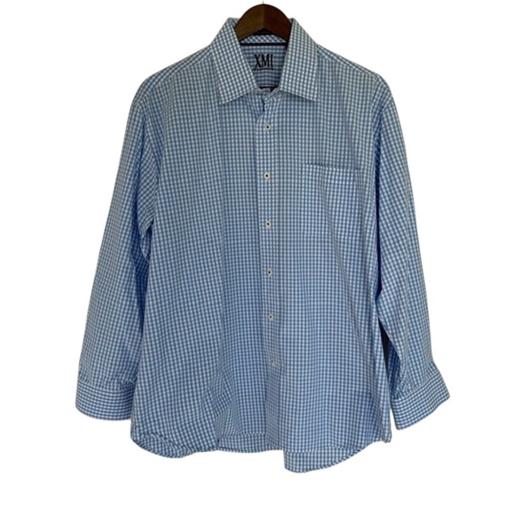 XMI Sky Blue and White Check Button Up Dress Shirt - Size 17.5